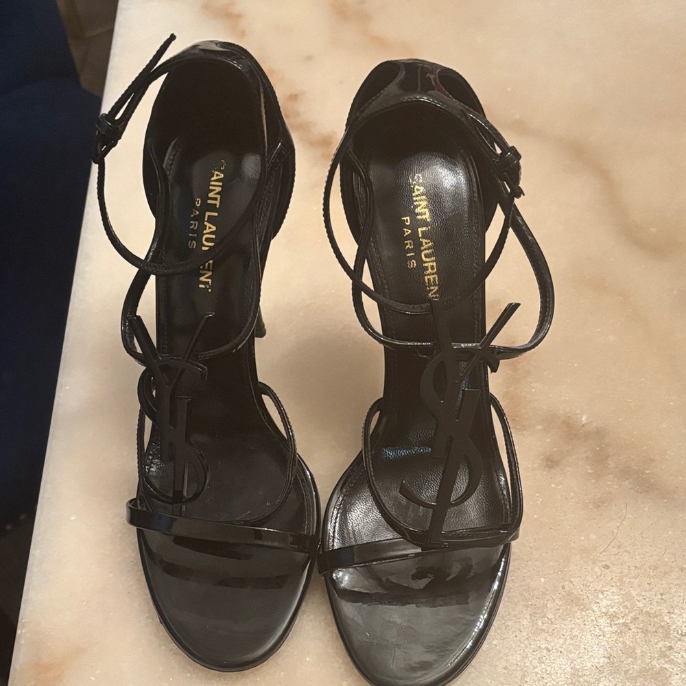 Saint Laurent Glossy Black Strappy Heels